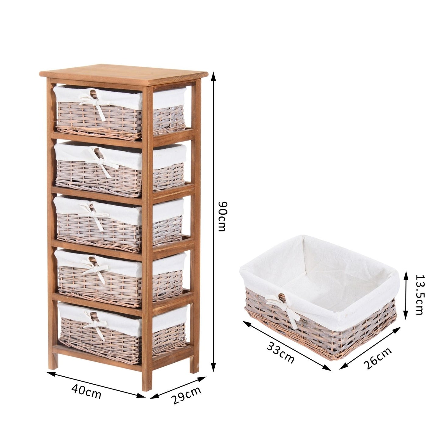 5 Drawer Dresser Wicker Basket Storage Shelf Unit Wooden Frame Home Organisation Cabinet Bedroom Office Furniture Natural Finish-2