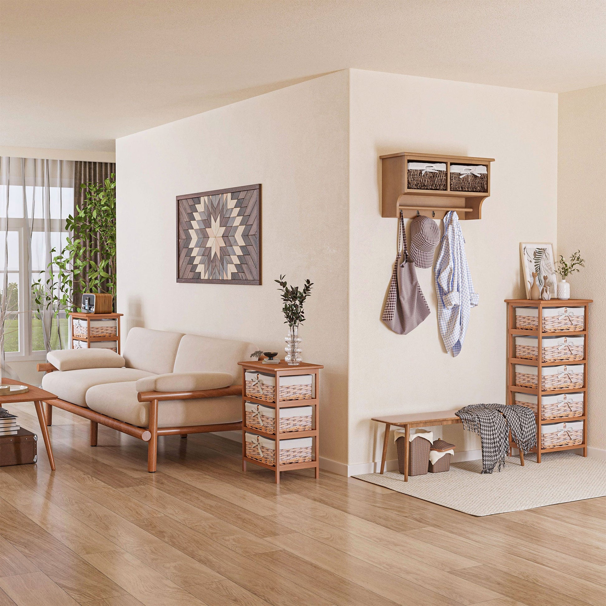 5 Drawer Dresser Wicker Basket Storage Shelf Unit Wooden Frame Home Organisation Cabinet Bedroom Office Furniture Natural Finish-1