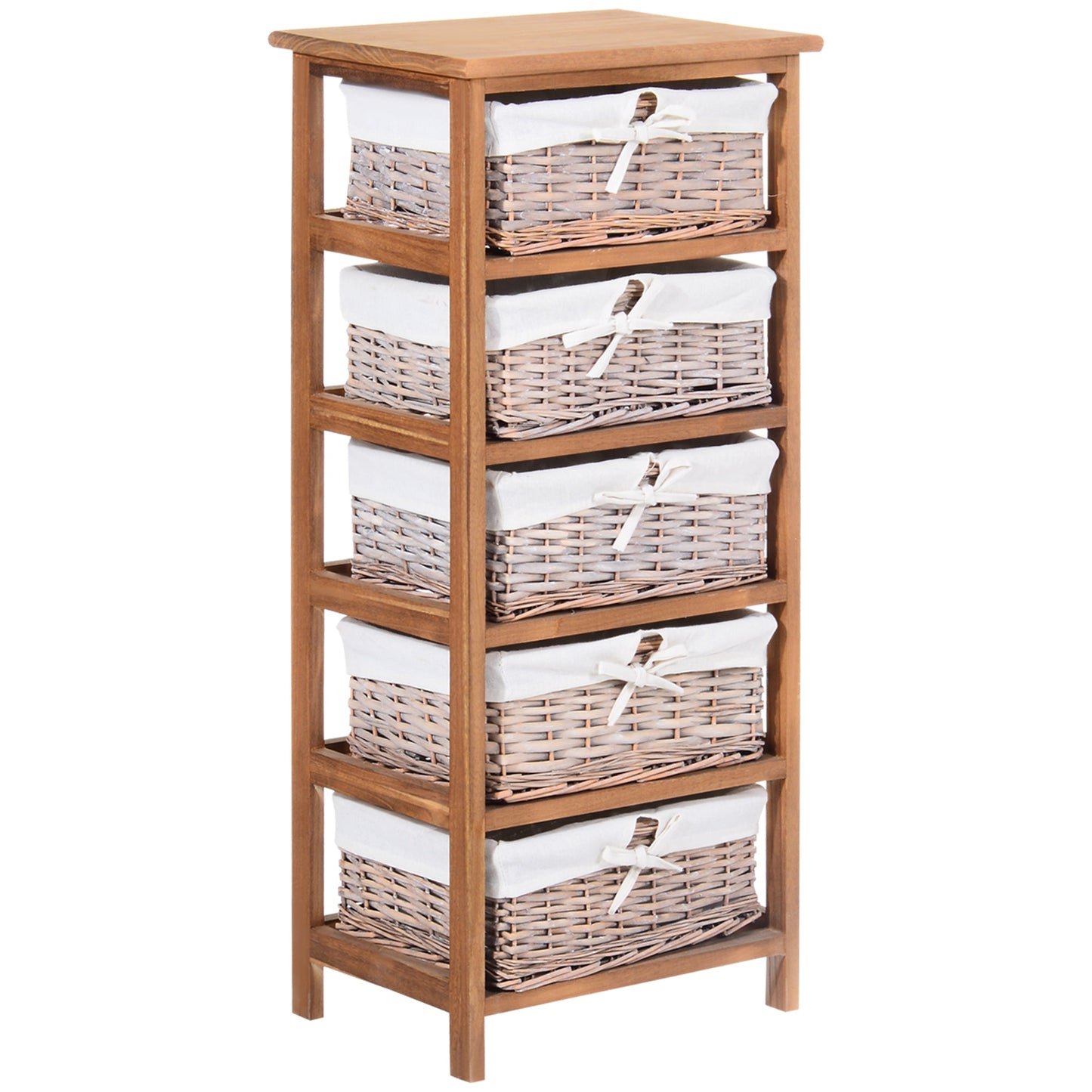 5 Drawer Dresser Wicker Basket Storage Shelf Unit Wooden Frame Home Organisation Cabinet Bedroom Office Furniture Natural Finish-0