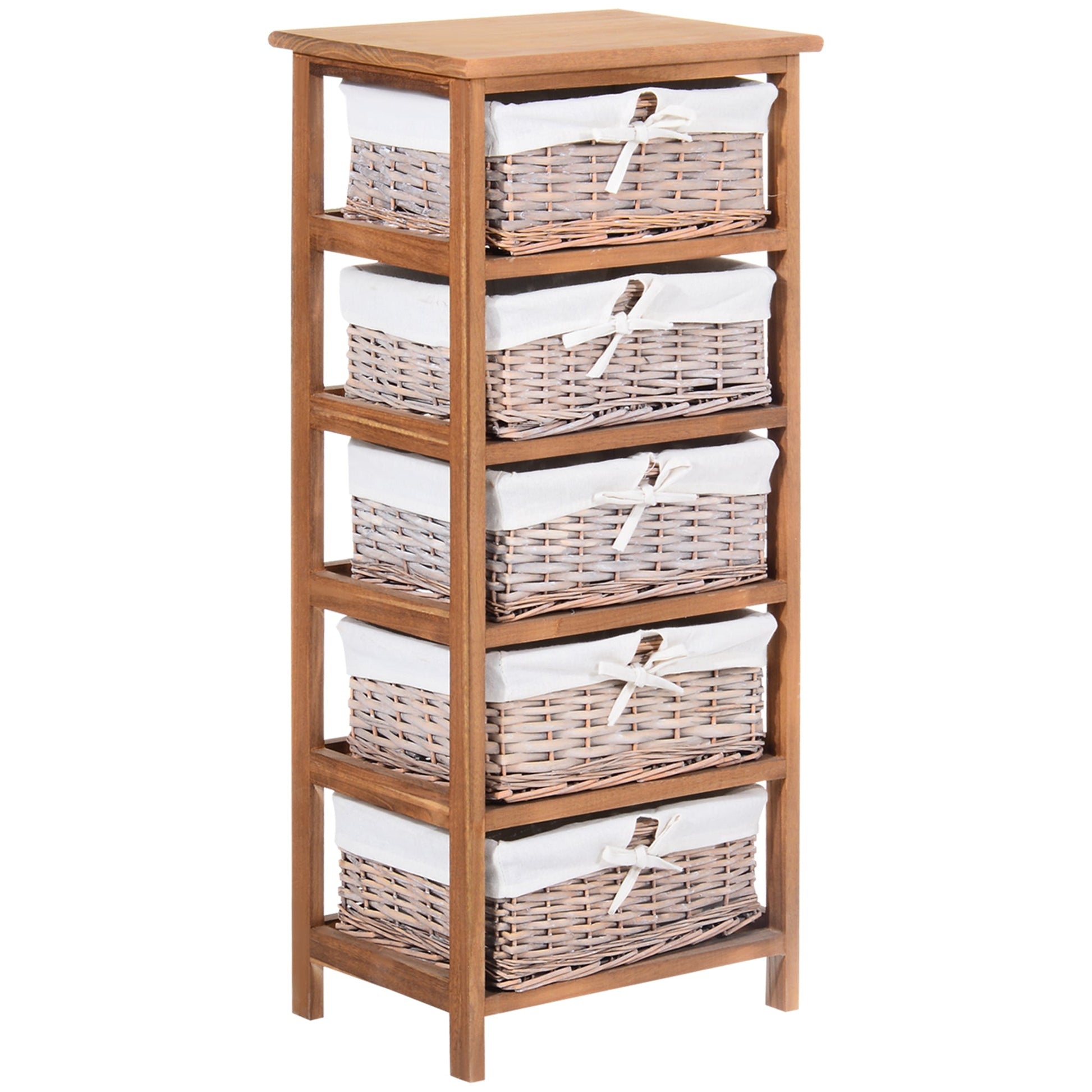 5 Drawer Dresser Wicker Basket Storage Shelf Unit Wooden Frame Home Organisation Cabinet Bedroom Office Furniture Natural Finish-0