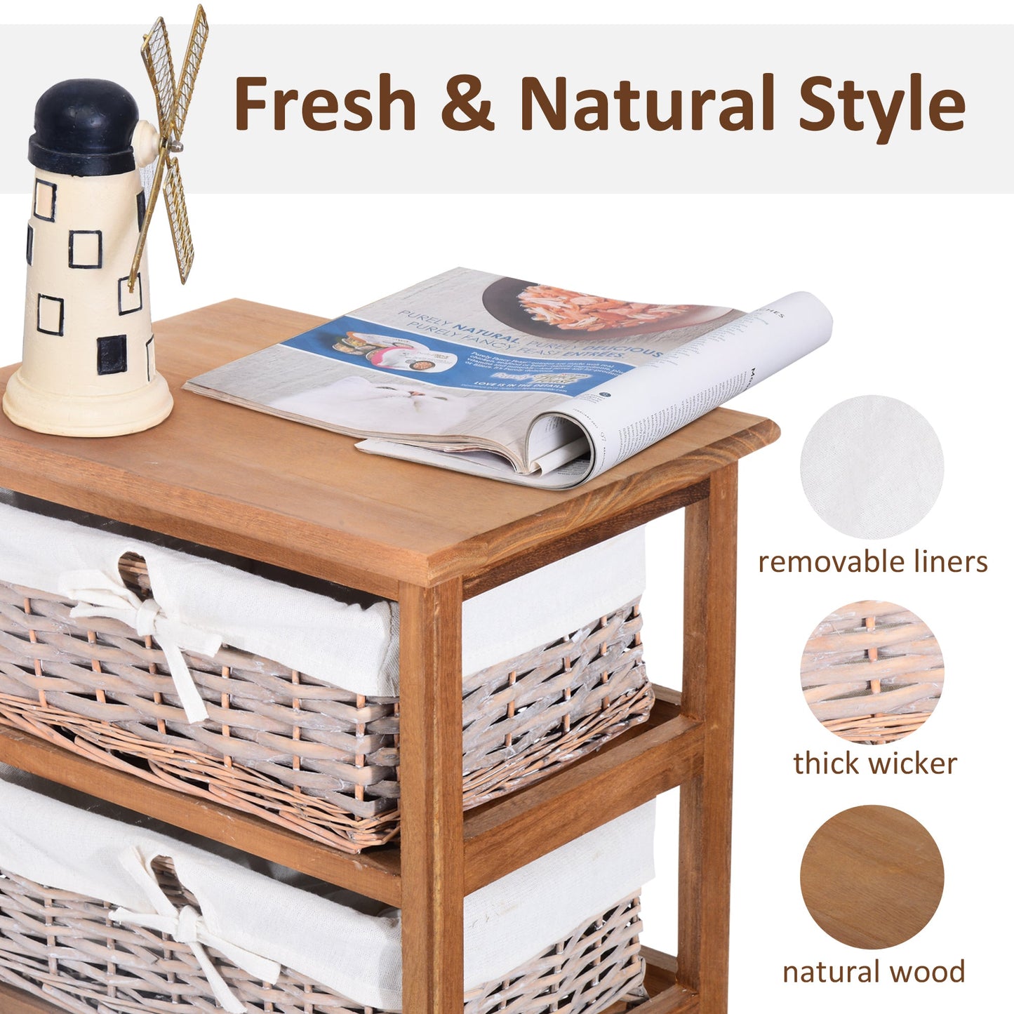 5 Drawer Dresser Wicker Basket Storage Shelf Unit Wooden Frame Home Organisation Cabinet Bedroom Office Furniture Natural Finish-4