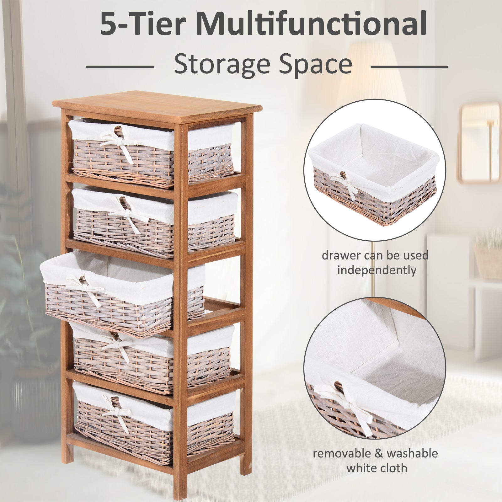 5 Drawer Dresser Wicker Basket Storage Shelf Unit Wooden Frame Home Organisation Cabinet Bedroom Office Furniture Natural Finish-3